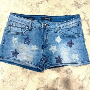 Vigoss Stretch Blue Denim Shorts with Sequin Stars Size 14